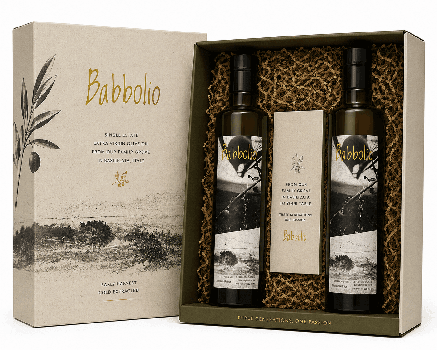 Babbolio harvest gift box with two olive oil bottles